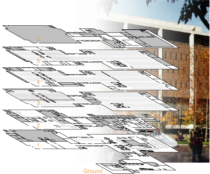 Diagram showing Van Pelt-Dietrich Library Center floors. Click a floor to navigate to its floorplan.