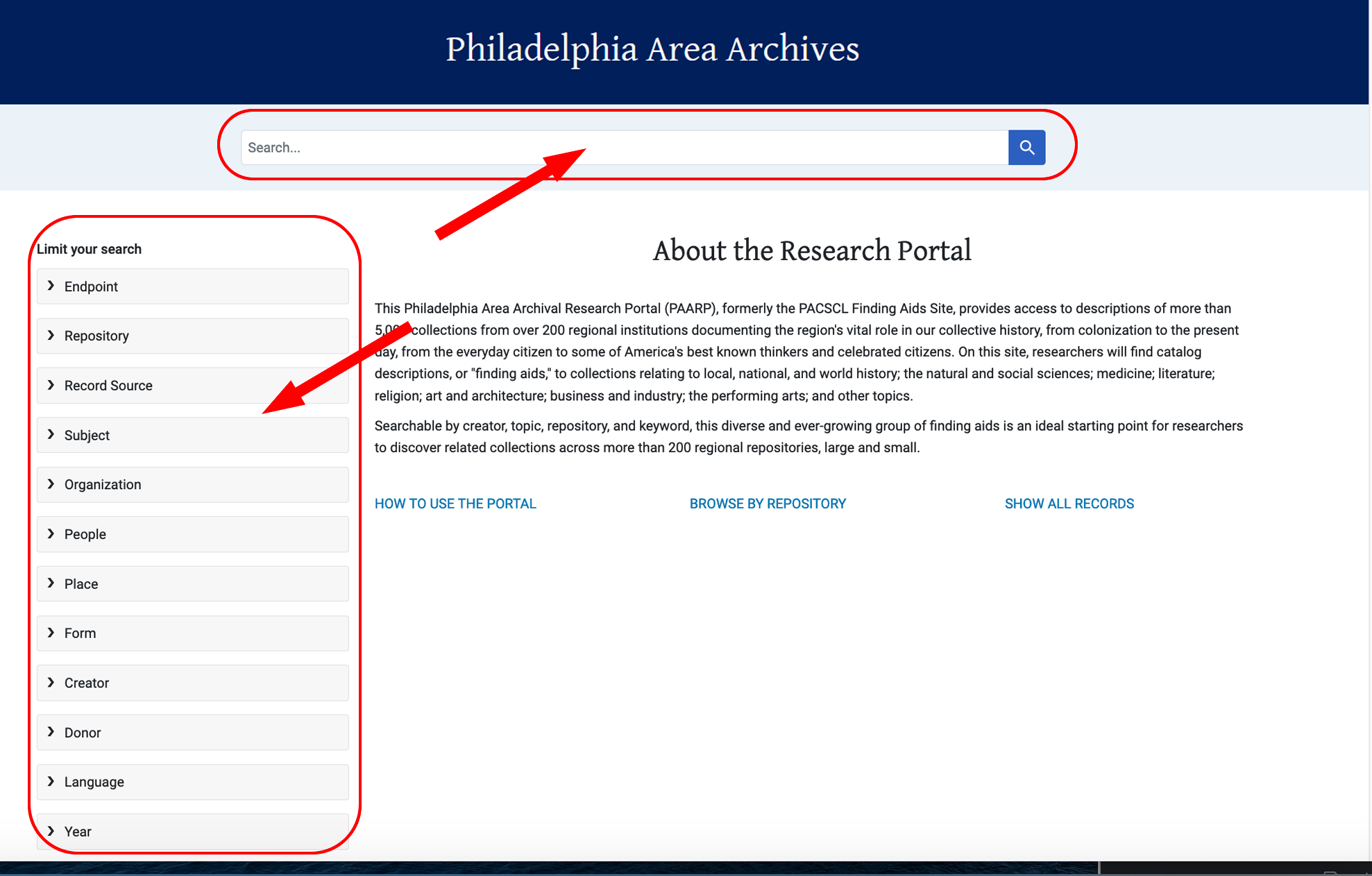 Screenshot of homepage showing search field and facets