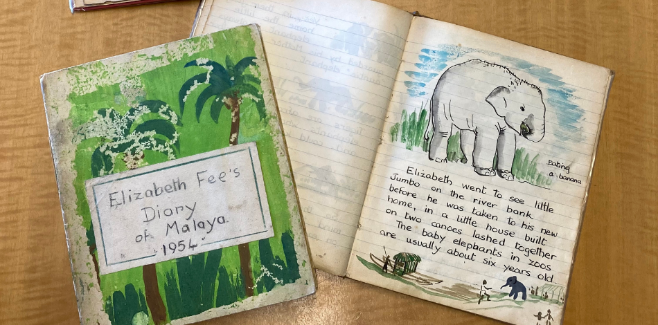 Two watercolor illustrations in a lined notebook, one showing an elephant, and the other of a group of palm trees, with a label that reads "Elizabeth Fee Diaries of Malay, 1956"