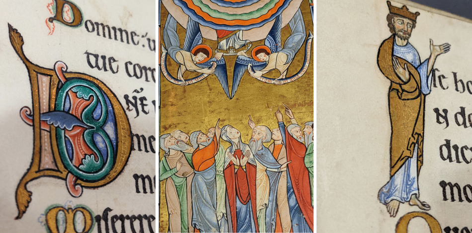 Three colorful illustrations from an illuminated manuscript: A highly decorative D, a group of people on a gold leaf background gaze up at a pair of angels, and a smiling man wearing a robe and a crown