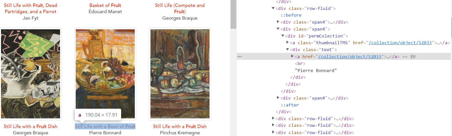 screenshot of Philadelphia Museum of Art website links of fruit with developer tools