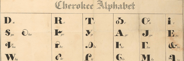 Document labeled "Cherokee Alphabet" in English with columns of Cherokee letters.