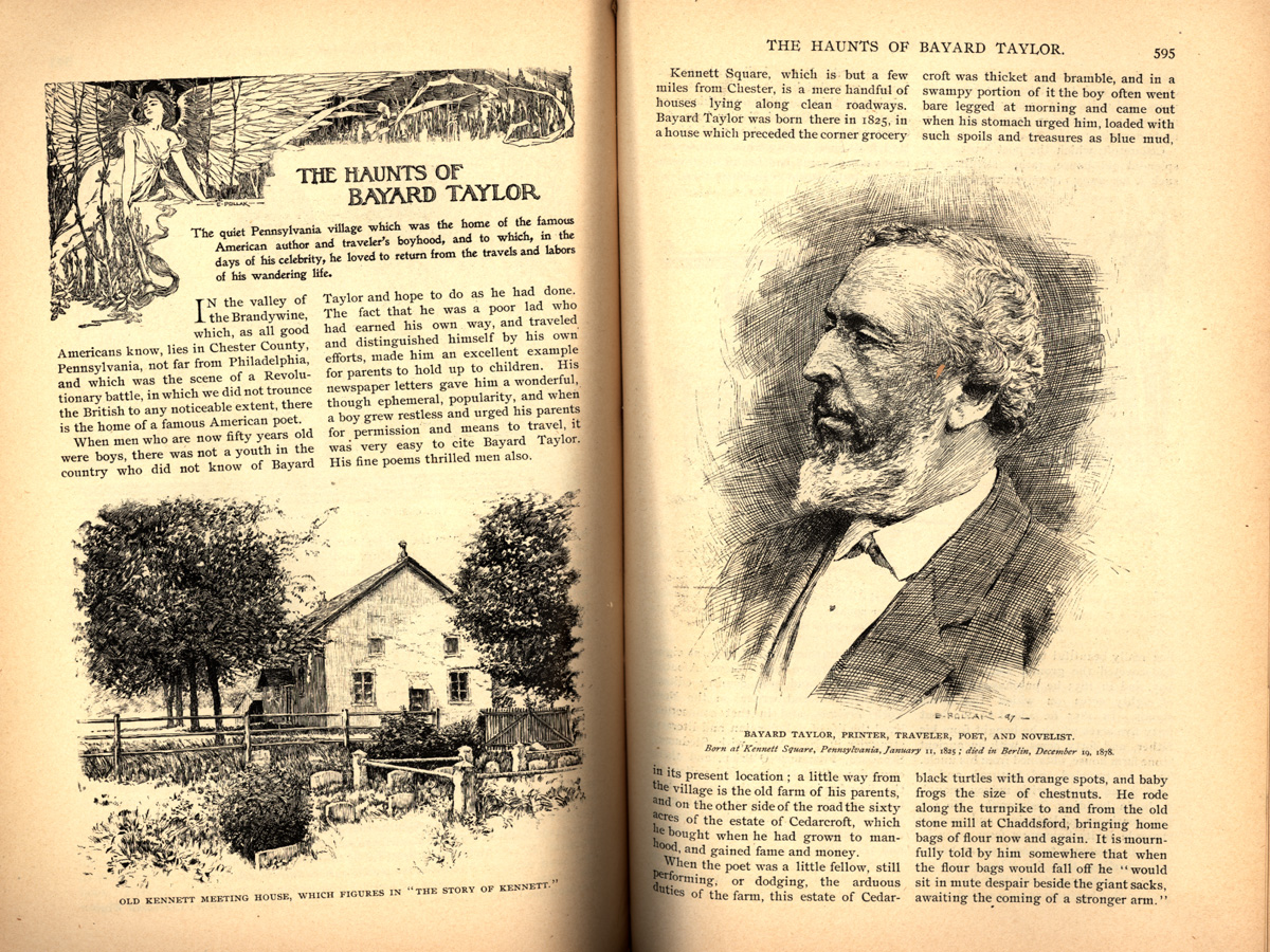 magazine interior of The Haunts of Bayard Taylor featuring illustraitons of a farm and a man in profile