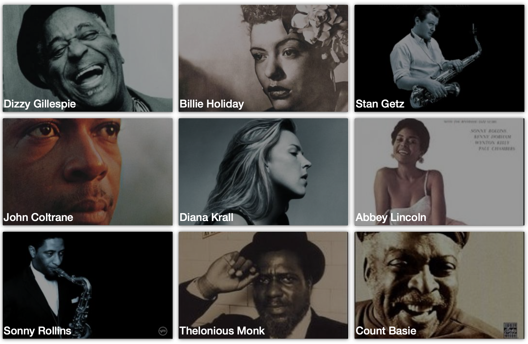 Screenshot of website featuring jazz artists