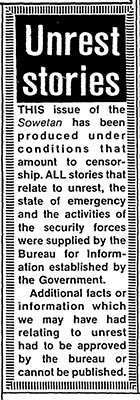 Censorship note. Sowetan, 26 August 1986, page 1.