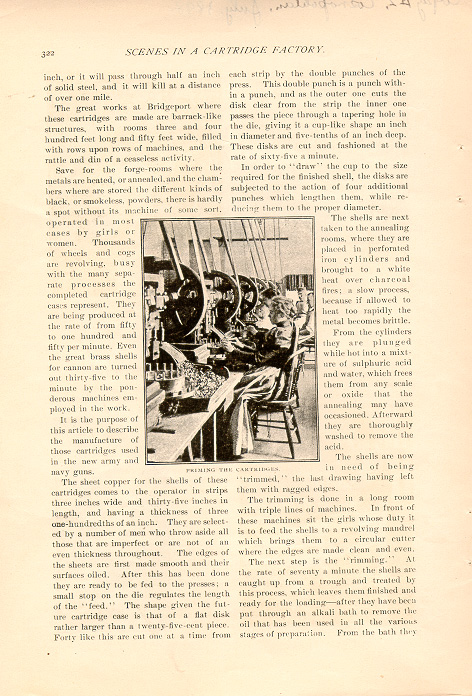 magazine interior page featuring a black and white photo of women at work in a cartridge factory