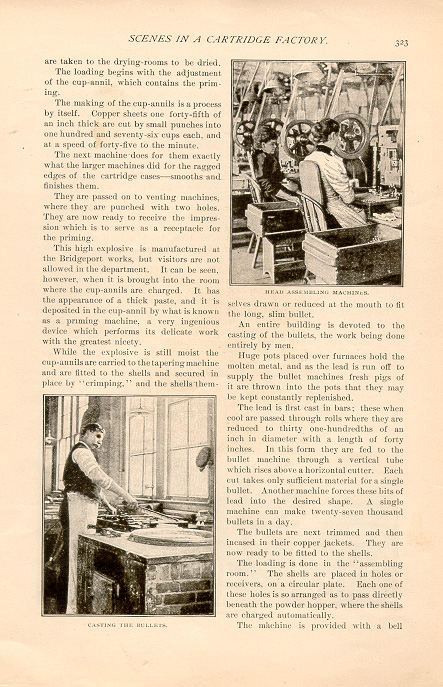 magazine interior page featuring a black and white photo of people at work in a cartridge factory