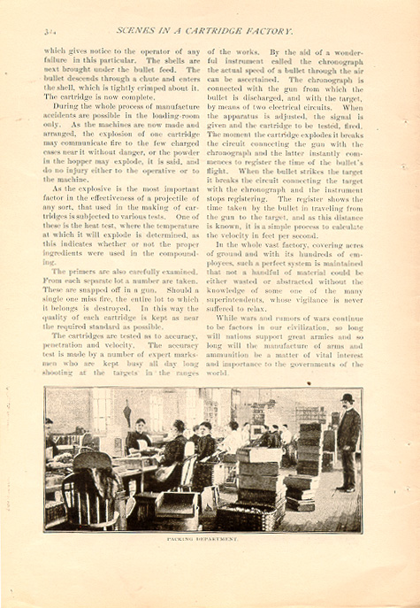 magazine interior page featuring a black and white photo of men at work in a cartridge factory