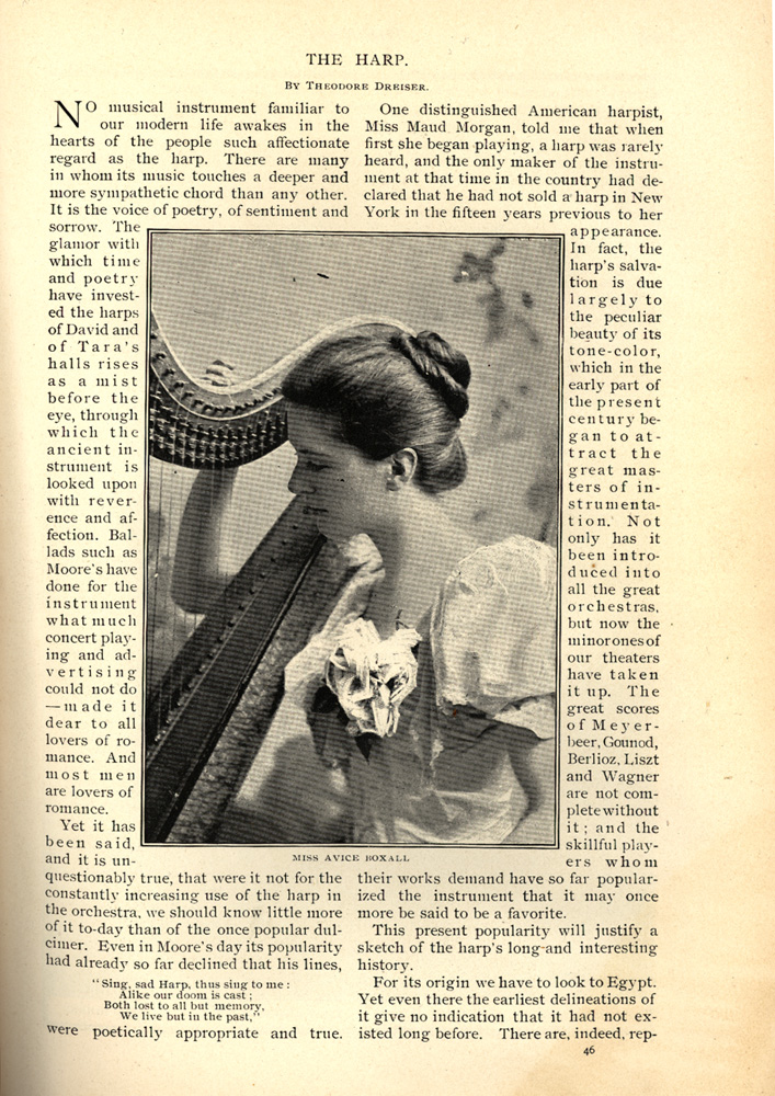 magazine interior page featuring a photo of a woman playing the harp