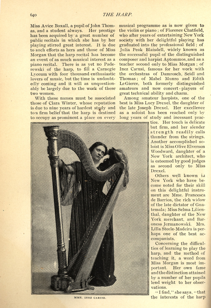 full body photo of Inez Carusi standing with her harp