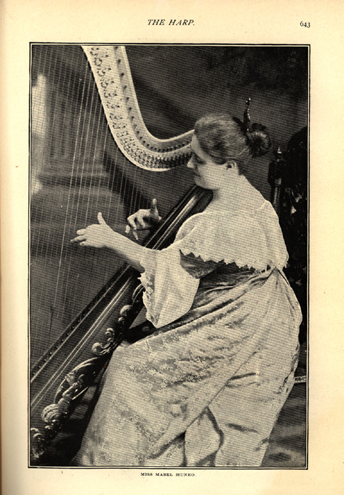 magazine interior page featuring a black and white photo of Miss Mabel Munro with her harp