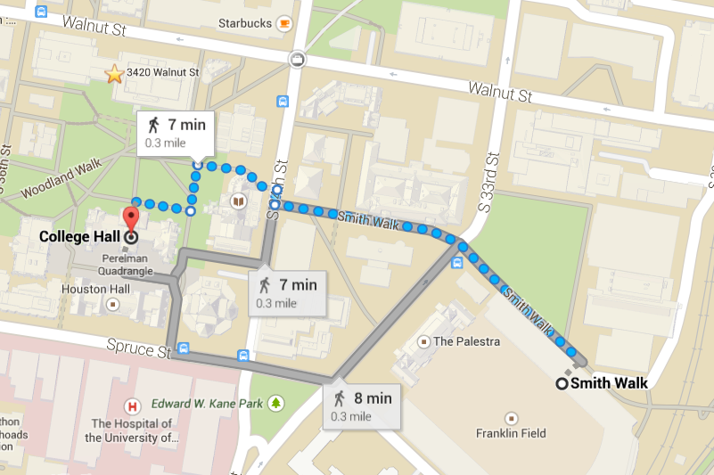 Map showing the path from College Hall
