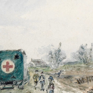 Water color showing WWI ambulance in destroyed French village