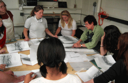 Carolee Campbell, Ninja Press, with students, in workshop