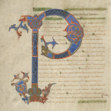 LJS 101 - Boethius - Periermenias Aristotelis..., decorated initial (P), f. 1v