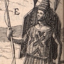 Engraving of Hurons (detail), from Samuel Champlain, Voyages et decouvertes faites en la nouvelle France... (Paris 1619), opp. p. 87 [Dechert FC6 C3587 619v]