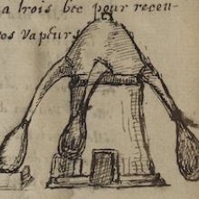 Image of alembics for distillation, from Axiomes de medicinne [manuscript], Ms. Codex 1660, 50r.