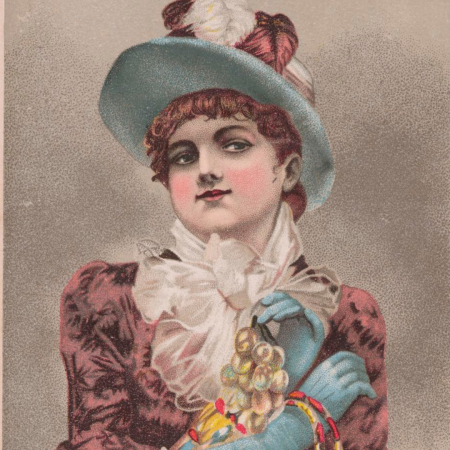 Illustration of a woman in a large blue hat covered in flowers and feathers, a red dress, and blue elbow-length gloves