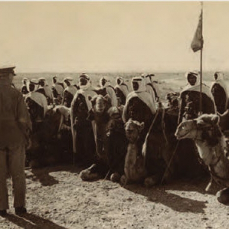 Black and white photo of men with camels