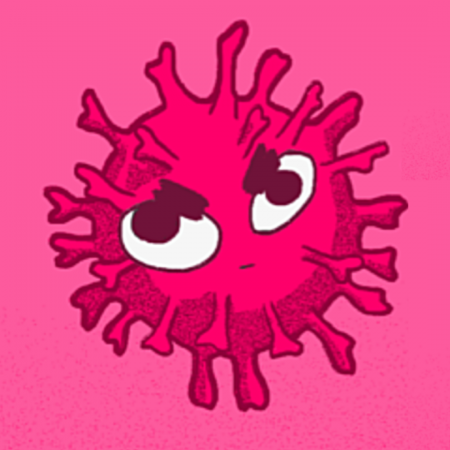 Bright pink cartoon illustration of the Coronavirus vaccine with large googly eyes