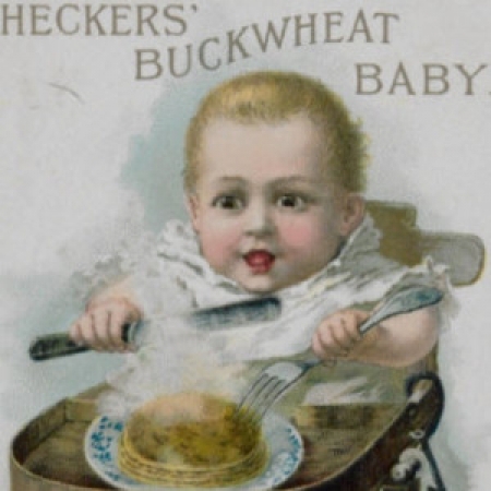 Illustration of baby eating pancakes