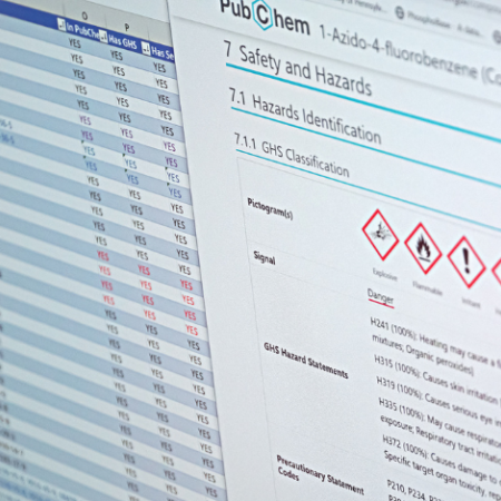 A computer screen showing a spreadsheet on the left and a page from the PubChem website on the right. Most of the text is unreadable, but on the PubChem website you can see warning symbols in red boxes.