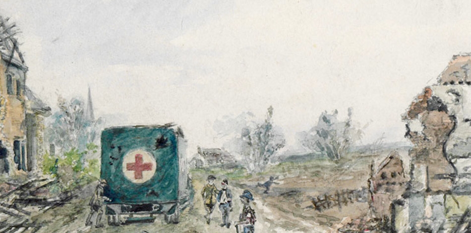 World War I ambulance in bombed village