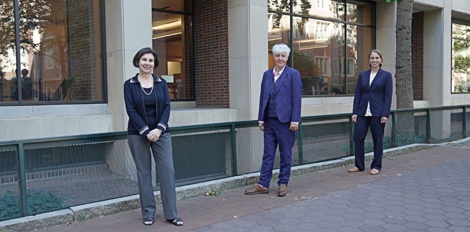 Barbara Cavanaugh, Constantia Constantinou, and Hannah Rutledge outside the Biotech Commons
