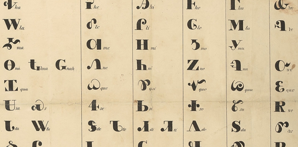 Series of columns with letters from the Cherokee alphabet. At the top of the image is the title "Cherokee Alphabet" in English.