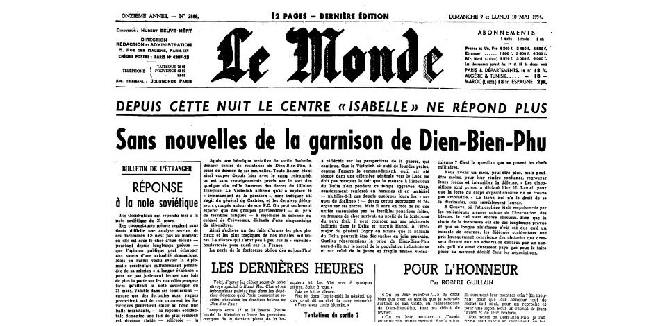 "No news from the garrison of Dien-Bien-Phu", Le Monde page image : 10 May 1954, page 1 above the fold