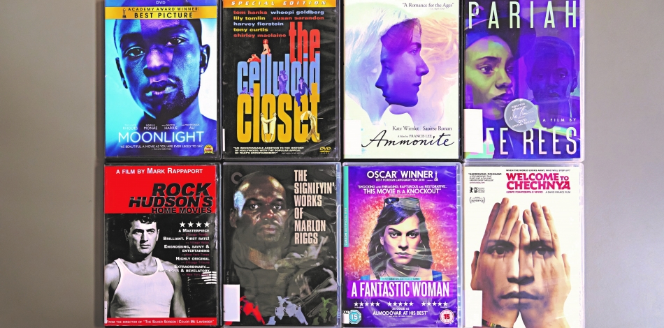 DVDs in top row are Moonlight, The Celluloid Closet, Ammonite, and Pariah. Bottom row is Rock Hudson's home movies, The Signifyin' Works of Marlon Riggs, A Fantastic Woman, and Welcome to Chechnya.