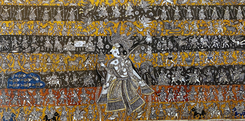 Colorful painting showing a figure in an elaborate costume in the foreground and blue, orange, and yellow stripes in the background
