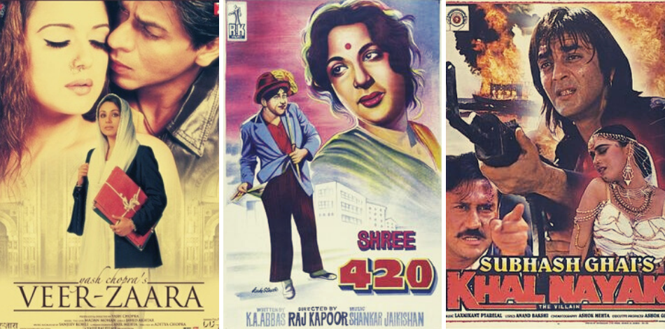 Posters for three Bollywood films: Veer-Zaara, Shree 420, and Khal Nayak