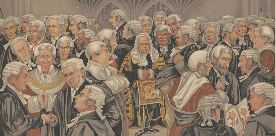 Cartoon depicting dozens of men in 19th century dress wearing old-fashioned judge's robes and wigs