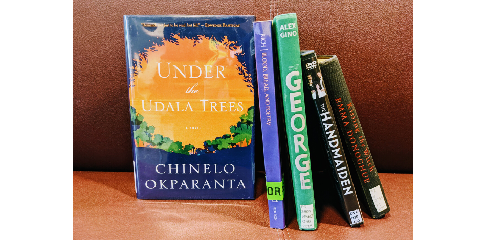 Books stacked in front of a red background. Titles are: Under the Udala Tree; Blood, Bread, and Poetry; George; The Handmaiden; Kissing the Witch