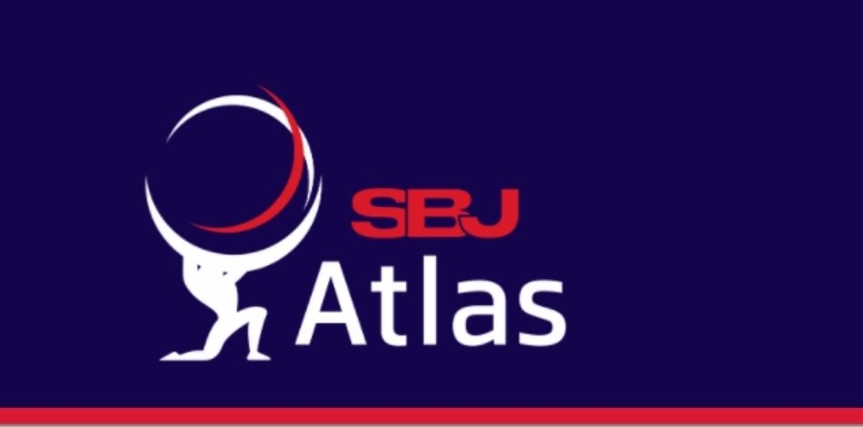 "SBJ Atlas" written in red on a blue background with a stylized graphic representing the god Atlas holding a globe