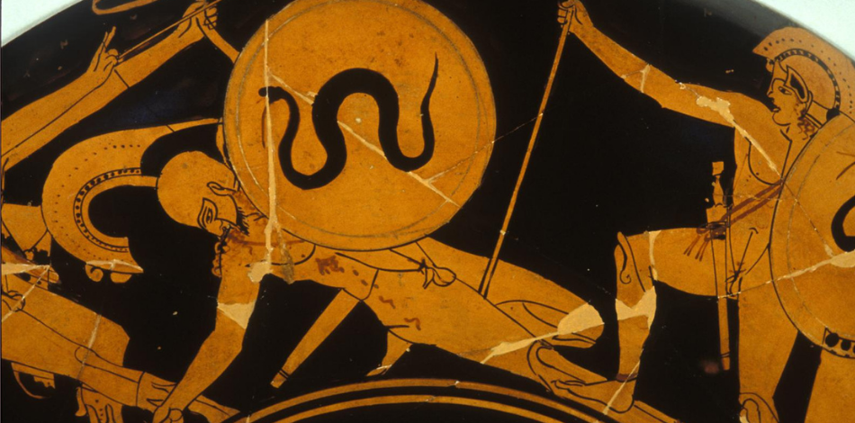 Detail from a ceramic cup with a black background and an illustration of an ancient Greek soldier falling to the ground.
