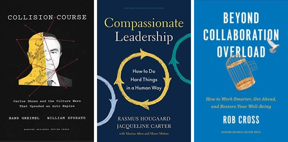 Covers of three books from the eBooks package: Collision Course, Compassionate Leadership, and Beyond Collaboration Overload.