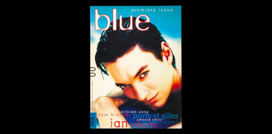 The cover of the first issue of the magazine Blue on the front cover, showing a man with dark hair looking at the camera in a sultry manner