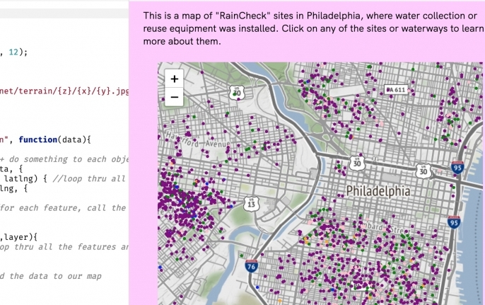 screenshot of the workshop exercise. on the left is the javascript code written to produce the map on the right, which shows colorful dots on a map of Philadelphia representing rainwater collection sites.