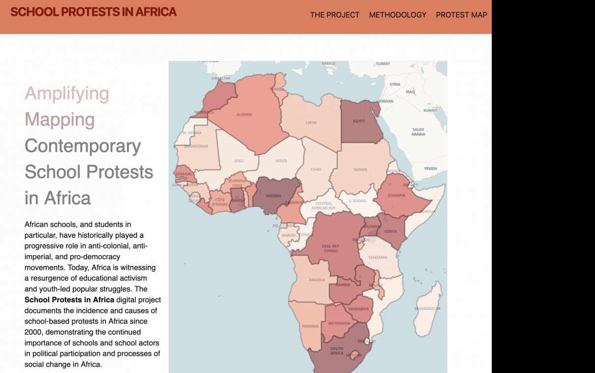 on the left: a brief description of the School Protests in Africa project. on the right: a choropleth map of the African continent.