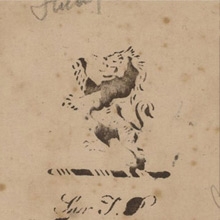 Book stamp of Sir Thomas Phillipps (1792-1872) of his library at Middle Hill, from the first flyleaf of an 18th-century Italian manuscript copy of De rerum natura. Penciled notes at edges by later owners (Lawrence J. Schoenberg Collection, LJS 179).