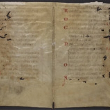 12th-century vellum bifolium containing portions of Psalms 79, 80, and 84, with initials in red. The text's legibility has been affected by fading and worm damage (UPenn Ms. Coll. 591, Folder 1).