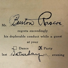 Burton Rascoe apology card (ca. 1940s), Burton Rascoe Papers, Kislak Center