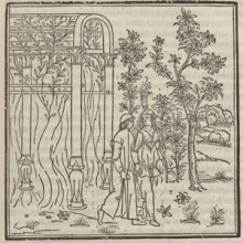 Couple walking through an arbor. Detail of page 75r from Hypnerotomachia