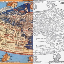 Paint over print image of partially colored Ptolemy map