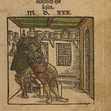 Title page with woodcut of tooth extraction from "Artzney Buchlein" (Leipzig,1530)