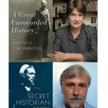 <em>A Great Unrecorded History</em> book cover and portrait of the author Wendy Moffat and <em>Secret Historian</em> book cover and portrait of the author Justin Spring
