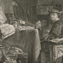 Detail from [The Alchemist] Tiré du Cabinet de Mr. le Brun., (Engraving) [17--]. Rare Book & Manuscript Library, E. F. Smith Collection.