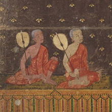 Detail monks with fans illustration from Abhidhamma chet kamphi: Phra Mālai (ca. 1870s). Collection of Southeast Asian Manuscripts, Kislak Center